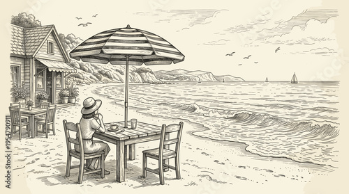 A woman sits at a table under an umbrella at a beachside cafe, enjoying coffee with a view of the ocean and sailboats.