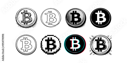 Collection of diverse Bitcoin cryptocurrency logos in various artistic styles and modern effects
