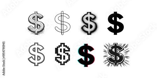 Collection of diverse dollar sign symbols in various artistic styles and modern graphic designs