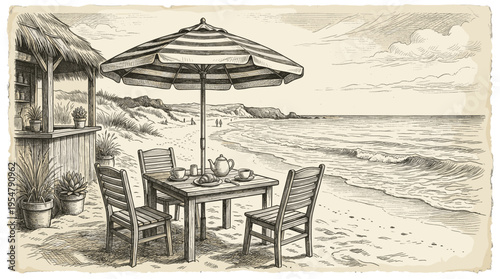 Hand-drawn sketch of a beach cafe table set for tea by the ocean, with a thatched roof hut and striped umbrella.