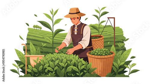 Harvest Harmony: A diligent worker harvests tea leaves, surrounded by lush tea plants, embodying the essence of labor in nature.