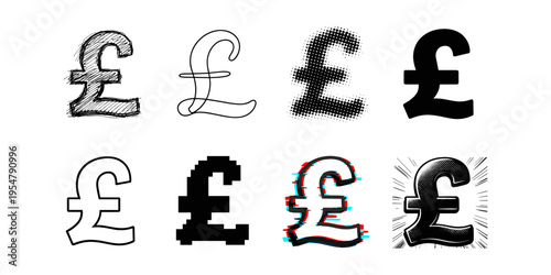 Collection of Pound Sterling symbols in various artistic styles and modern graphic treatments