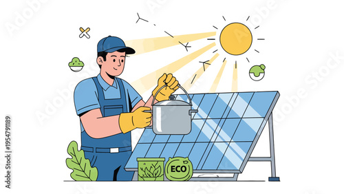Energy's Guardian: An illustrative scene depicting a professional interacting with solar panels, signifying a commitment to sustainability and a brighter energy future.