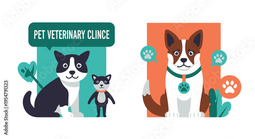 Colorful vector illustration of pets and animals at a veterinary clinic with a friendly theme