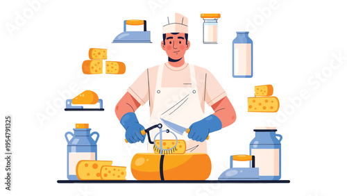 Artisan Cheese Maker Crafting Cheese: A skilled artisan, enveloped in the art of cheese making, meticulously cuts a wheel of cheese, surrounded by all the necessary tools and products.