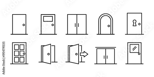 Collection of simple line art icons representing various types of doors and entrances