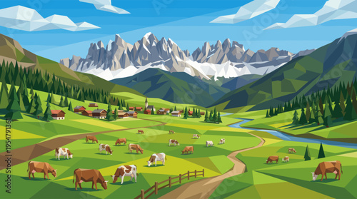 A stylized, low-poly illustration depicts a scenic mountain valley with a village and cows grazing in green fields under a blue sky.