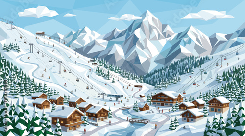 A vibrant, low-poly illustration of a bustling ski resort nestled in snowy mountains, featuring ski lifts, chalets, and people enjoying winter sports under a clear blue sky.