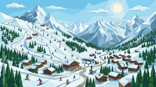A stylized, geometric illustration of a vibrant ski resort village nestled amidst snow-covered mountains, featuring skiers, snowboarders, cabins, and cable cars under a bright sun.
