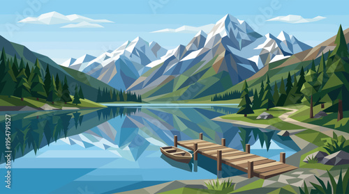 A serene geometric landscape depicts snow-capped mountains reflecting in a calm lake with a rustic wooden pier and boat, evoking tranquility and nature.
