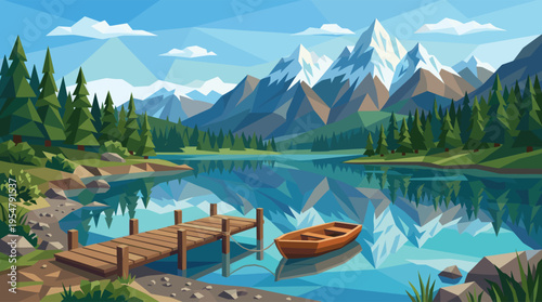 A stylized, low-polygon illustration depicts a peaceful mountain lake with a wooden pier and a small boat, reflecting the crisp blue sky and snow-capped peaks.