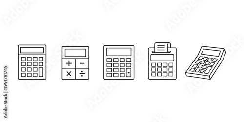 Collection of simple line art calculator icons in various styles and perspectives