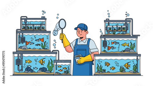Aquarium Maintenance: A diligent worker meticulously cleans and tends to an array of vibrant aquariums, ensuring the aquatic life within thrives in a pristine environment. 