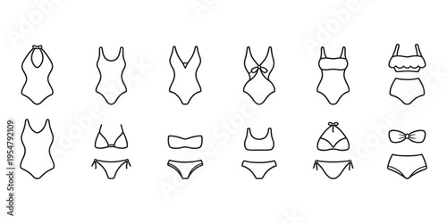 Collection of diverse swimwear styles, including one-piece swimsuits and bikinis, presented as icons