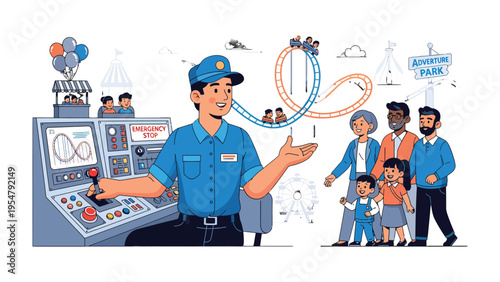Theme Park Control: A theme park operator at a control panel guides a family, with a rollercoaster adding excitement in the background.
