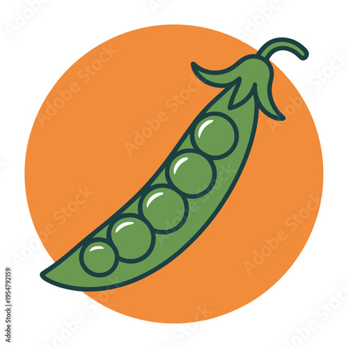 Green vector pea pod illustration on an orange circular background