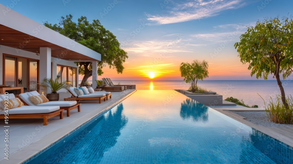 Fototapeta premium Luxury villa infinity pool overlooking ocean during vibrant sunset