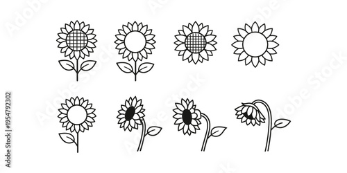 Collection of stylized sunflower icons showing different stages and orientations