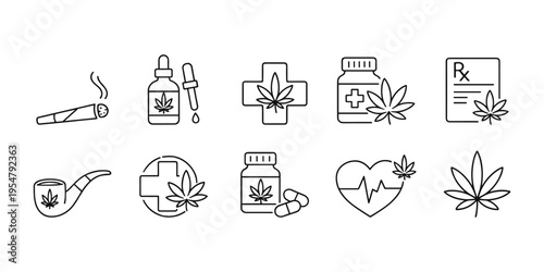 Cannabis medical icons set with marijuana leaf, joint, pipe, and Rx prescription
