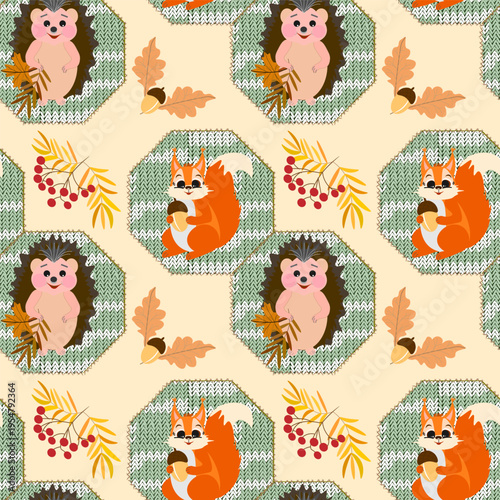 Seamless vector pattern with cute cartoon hedgehogs holding oak leaves and squirrels clutching acorns