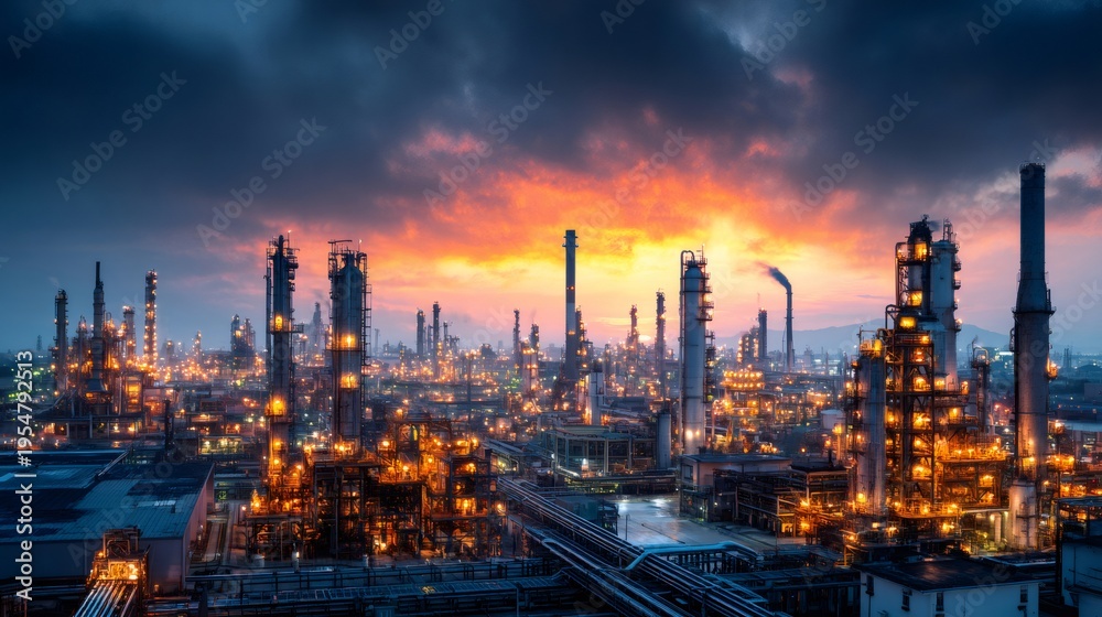 Fototapeta premium Oil refinery generating energy and fuel during sunset