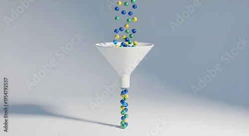 Colorful spheres flowing through a white funnel, symbolizing data filtering, information processing, and efficient sorting for strategic analysis, optimization, and streamlined workflows
