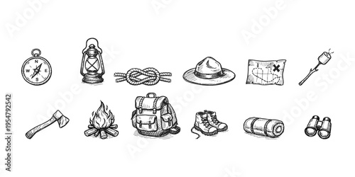 Hand-drawn camping and adventure icons collection with compass, lantern, and backpack