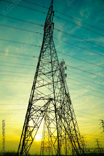 Pylon, high-voltage tower sky background.