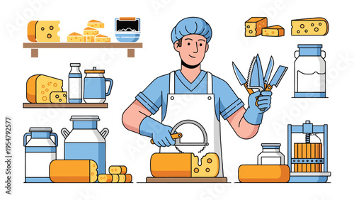 Artisan Cheese Maker's Craft: A skilled cheese maker meticulously slices through a wheel of cheese, surrounded by an array of artisan cheeses and dairy equipment.