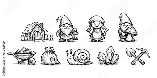Whimsical hand-drawn collection of gnomes, fantasy creatures, and mining tools