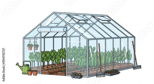 Large glass greenhouse with plants and gardening tools inside and outside
