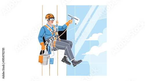 Skyline Sentinel: An industrious window cleaner dangles from a skyscraper, employing both skill and courage to maintain the immaculate face of an architectural marvel.