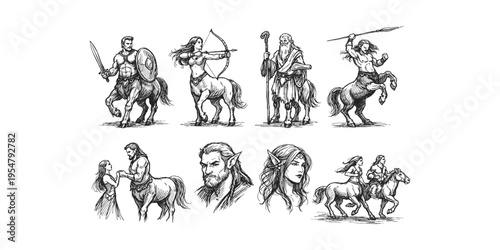 Collection of mythical centaur characters in a hand-drawn sketch style for fantasy art