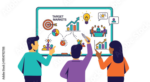 People analyzing target markets and brainstorming business strategies on a large screen display together