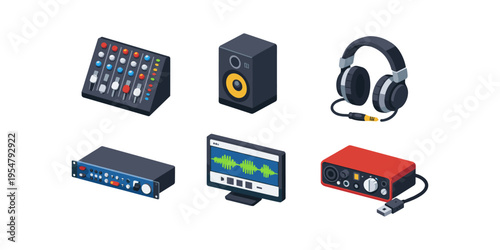 Collection of isometric audio production equipment on a white background