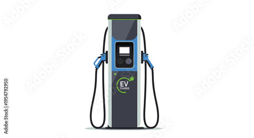 Electric vehicle charging station with two blue and black cables and a green logo