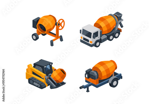Collection of isometric construction vehicles including concrete mixers and a skid steer loader