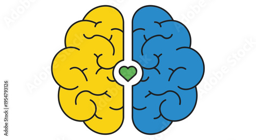 Colorful brain illustration with heart symbol representing love and intelligence in vector graphic design