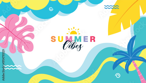 Summer vibes vector design. Summer vibes text in colorful abstract background with palm trees and tropical leaves summer elements for vacation or holiday travel promotion. Vector illustration.
