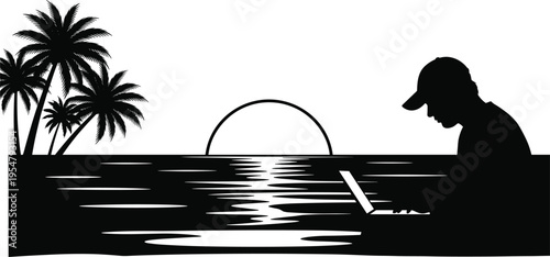 Man in silhouette working on laptop by the ocean with palm trees and sunset