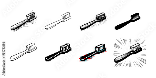 Collection of eight toothbrushes in various artistic styles and digital formats