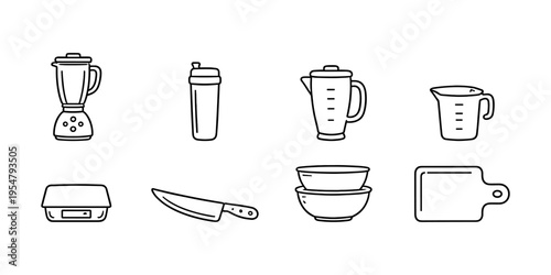 Collection of kitchen utensil icons in a simple line art style