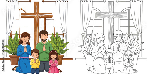 Family prayer with crosses and plants in background window