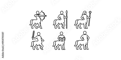 Collection of six stylized centaur icons with different actions and poses