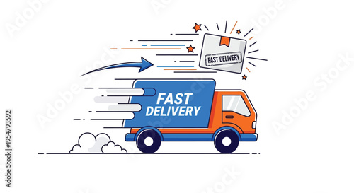 Colorful illustration of a fast delivery truck with speedy shipping concept and vibrant design elements