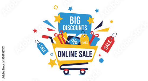 Online sale shopping cart with big discounts and sale tags
