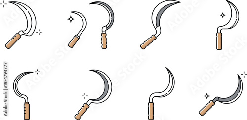 Sickle farming tool icons set with curved blades flat vector illustration