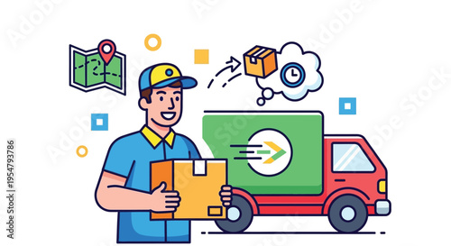 Delivery man holding package standing next to a green and red delivery truck vehicle