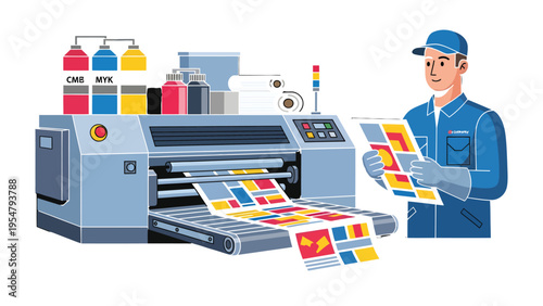 Precision in Print: A skilled technician overseeing a state-of-the-art printer, showcasing vibrant colors and intricate designs with flawless detail. 