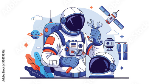 Astronaut's Spacetime Workshop: An astronaut, equipped with a wrench, tends to satellites in a cosmos of discovery. Capturing the spirit of space exploration and technological ingenuity.